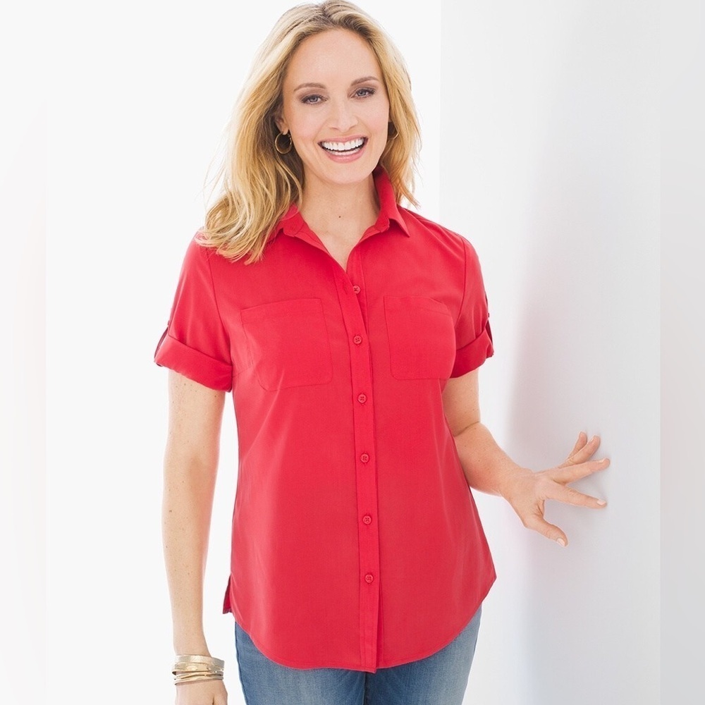 Chico’s Silky Soft Camp Button Down Shirt red‎ size 2 US 4-6
